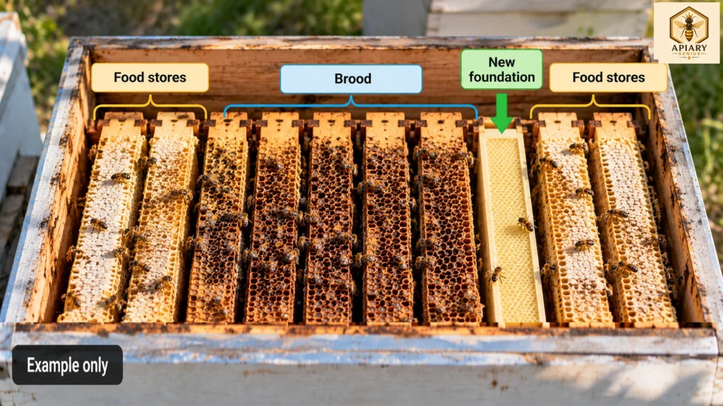 Overhead view of a 10-frame Langstroth hive showing new foundation placed between brood frames and food stores.
