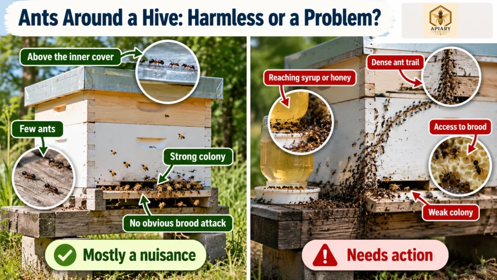 Comparison of ants around beehives: a few harmless ants near a strong colony versus dense ant trails reaching syrup or brood.