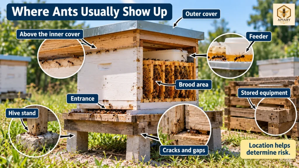 Educational diagram showing where ants may appear in a beehive, including the hive stand, covers, feeder, entrance, gaps, brood area, and stored equipment.