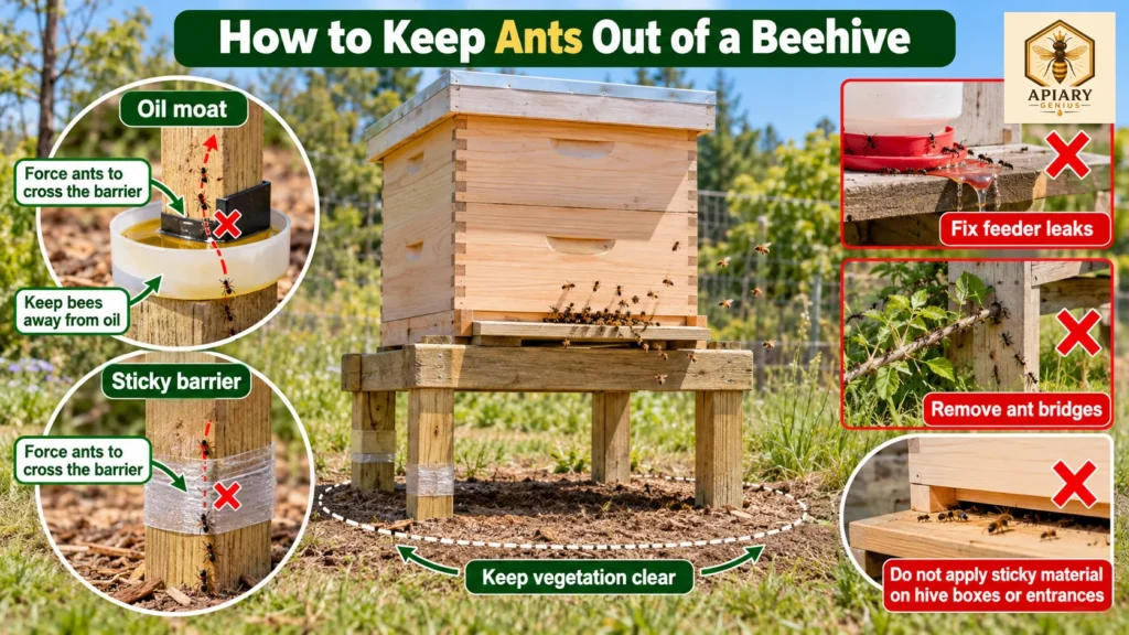 How to keep ants out of a beehive using oil moats, sticky barriers on hive stand legs, vegetation clearance, and feeder leak prevention.
