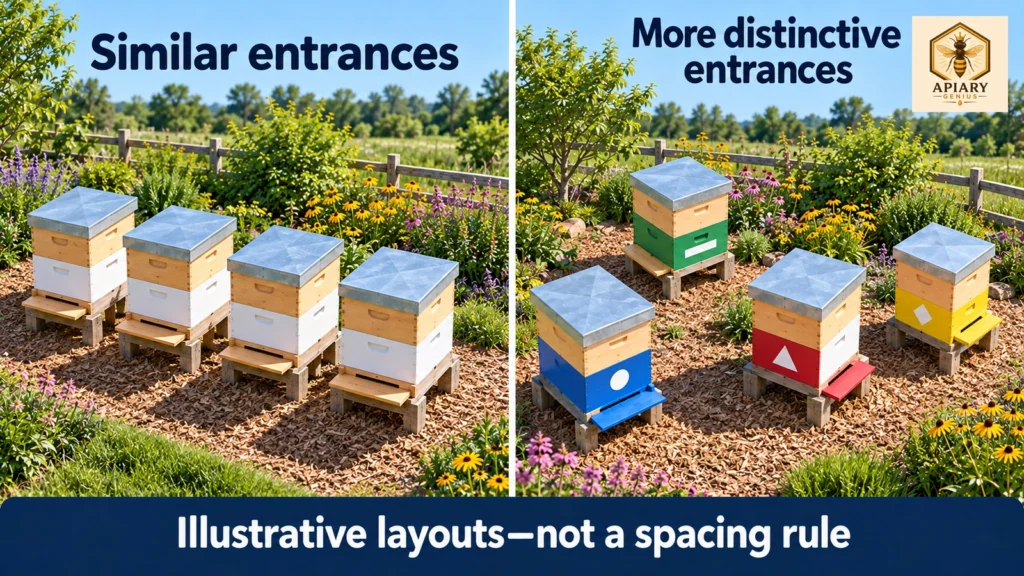 Bee drifting layout comparison showing four similar hives in a straight row and four hives with distinctive entrance markings and varied orientations.