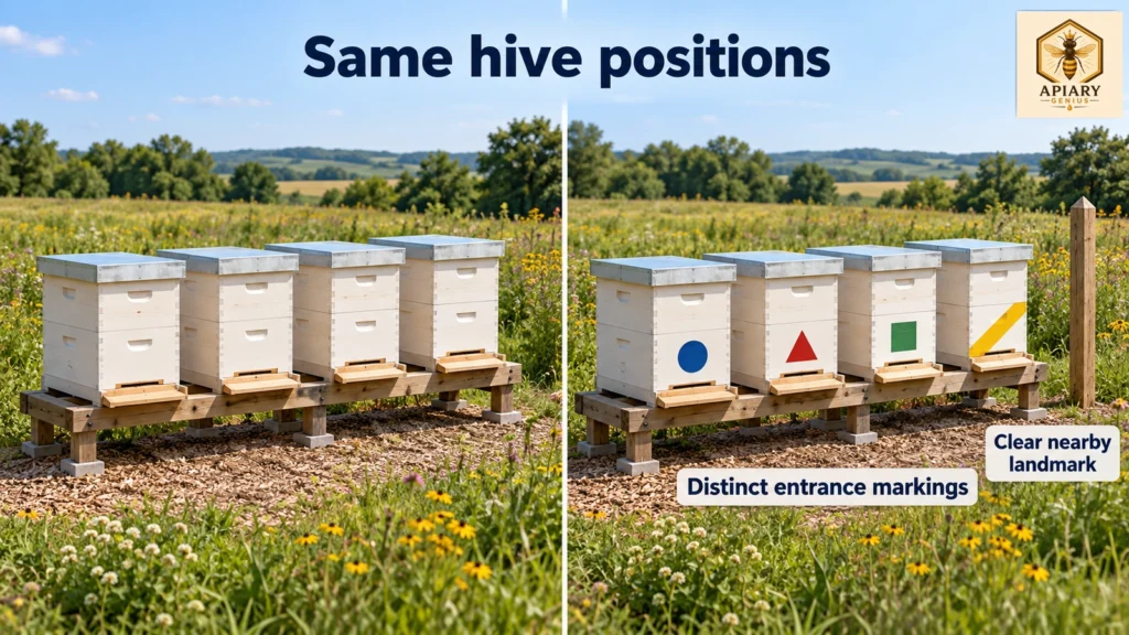 Same row of four beehives shown with and without distinctive entrance markings and a nearby wooden landmark.