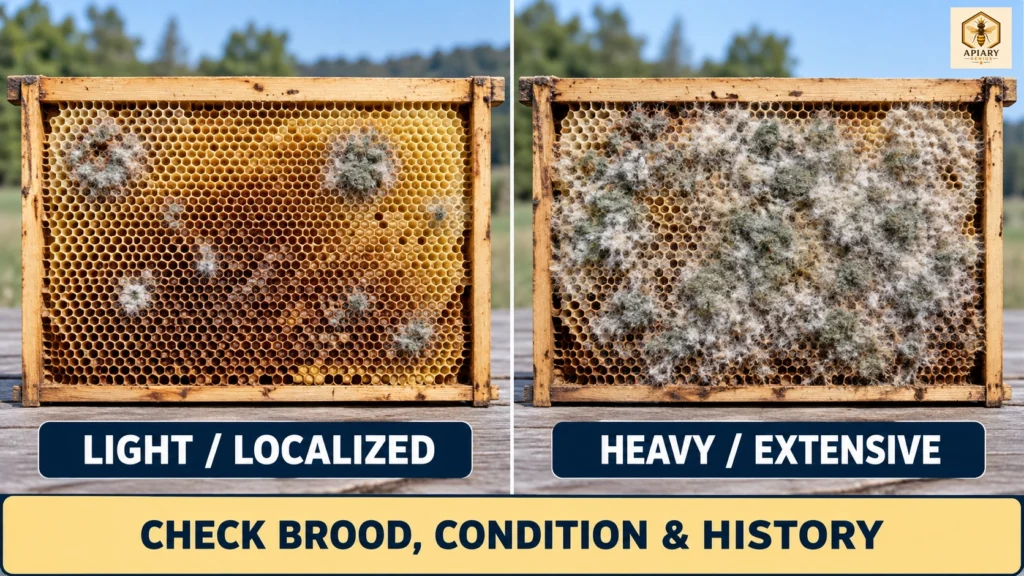 Two moldy beehive frames comparing localized surface mold with heavy, extensive mold coverage.