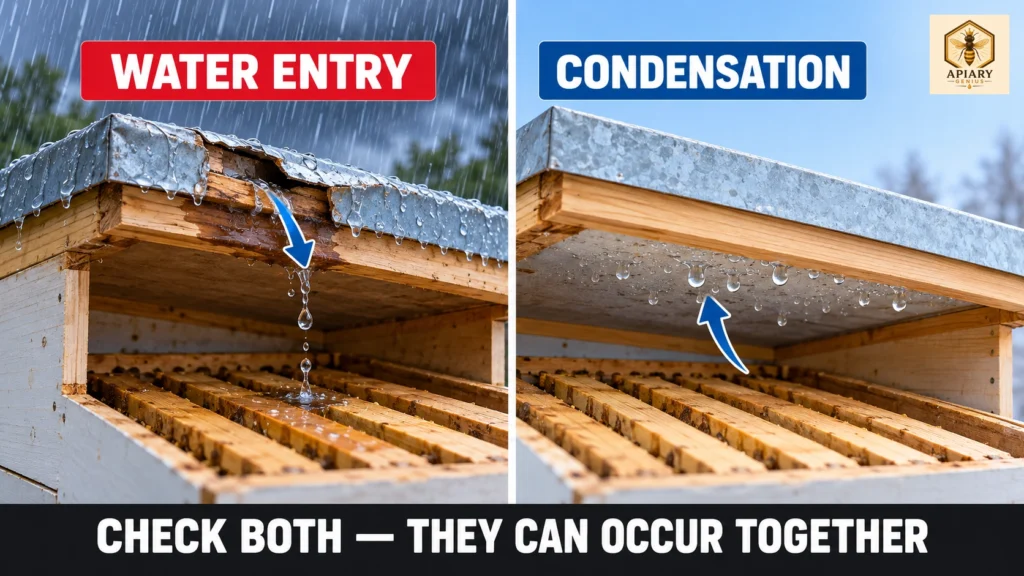 Beehive cutaway comparison showing rain entering through a damaged cover and condensation droplets beneath an intact cover.