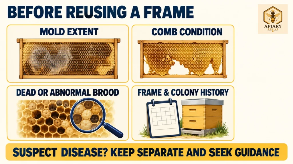 Four checks before reusing moldy beehive frames: mold extent, comb condition, dead or abnormal brood, and frame and colony history.