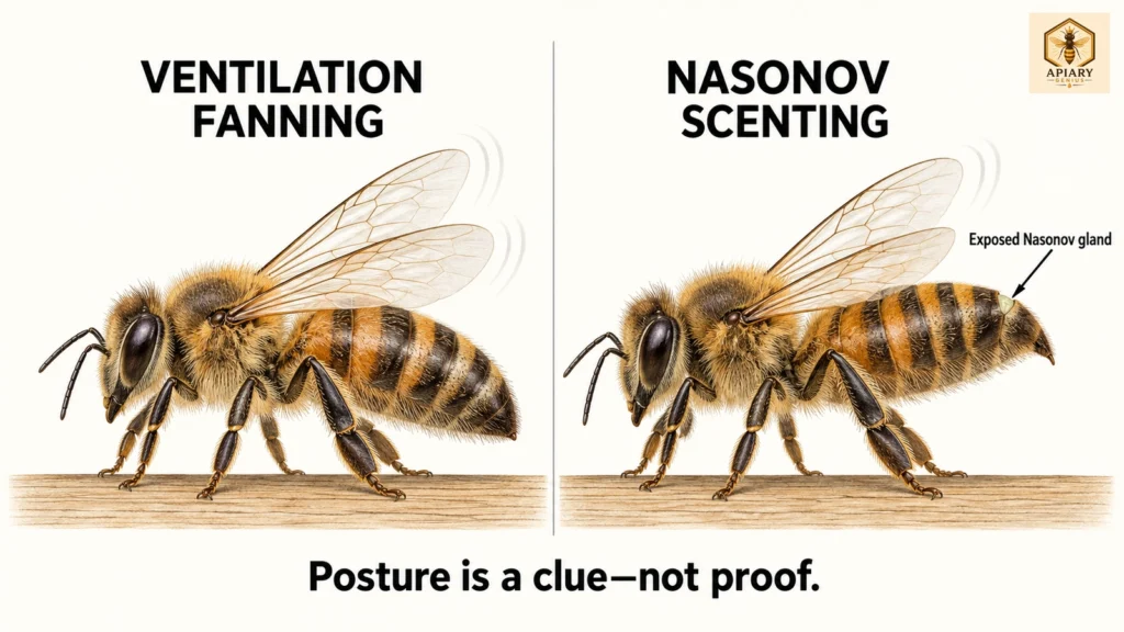 Illustration comparing ventilation fanning with Nasonov scenting, showing raised abdomen posture and the exposed gland area.