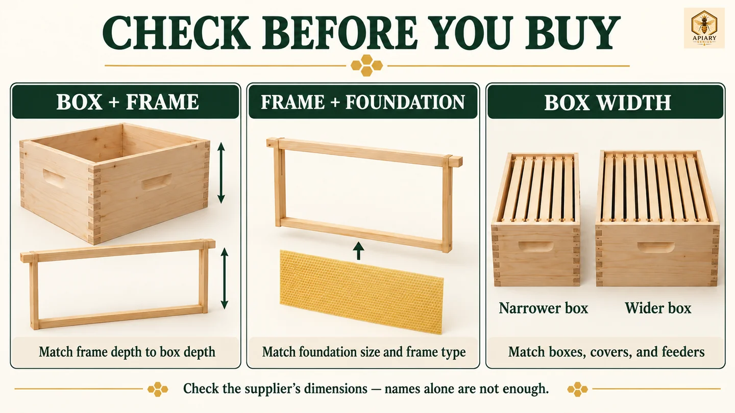 Buying checks for matching hive box depth, frame and foundation size, and box width