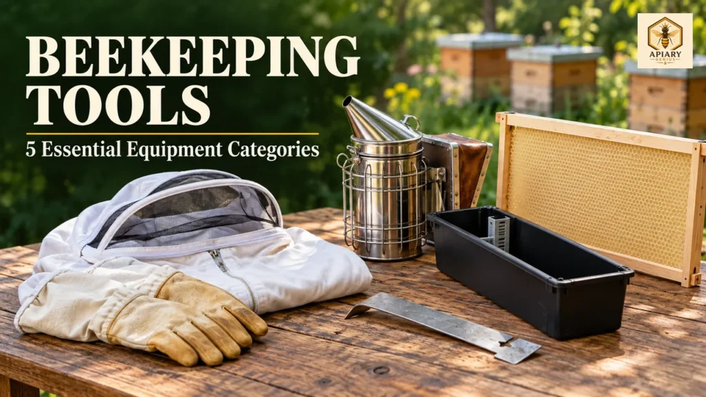 Beekeeping tools for beginners: protective clothing, smoker, hive tool, frame feeder, and frame with foundation