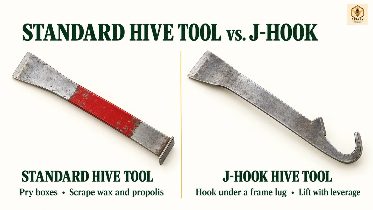Standard hive tool with a bent scraper end compared with a J-hook tool for lifting frames