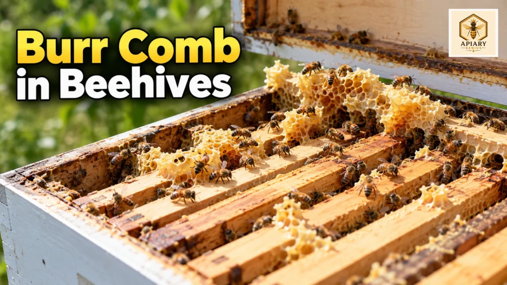 Burr comb built across the top bars of an open Langstroth beehive