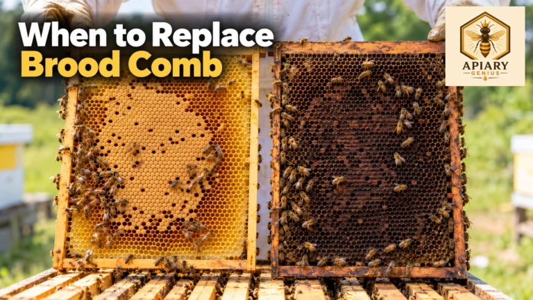 A beekeeper holding two brood comb frames side by side, showing newer light-colored comb and older dark brood comb.