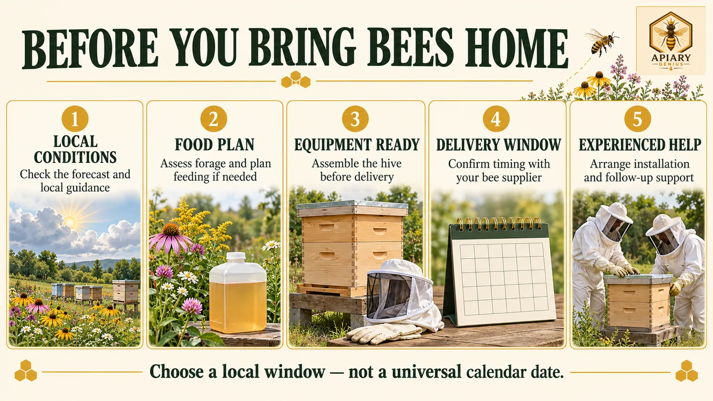 Checklist before bringing bees home: local conditions, food plan, equipment, delivery timing, and experienced help