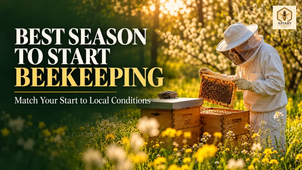 Best season to start beekeeping: beekeeper inspecting a hive in a flowering spring apiary