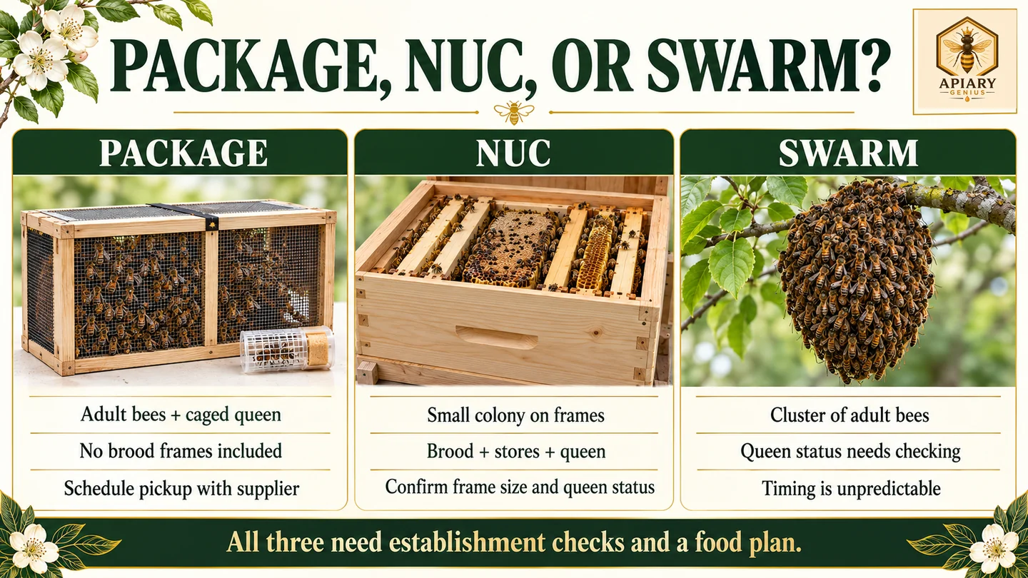Comparison of a package of bees, a nucleus colony, and a swarm, including queen-status and scheduling checks