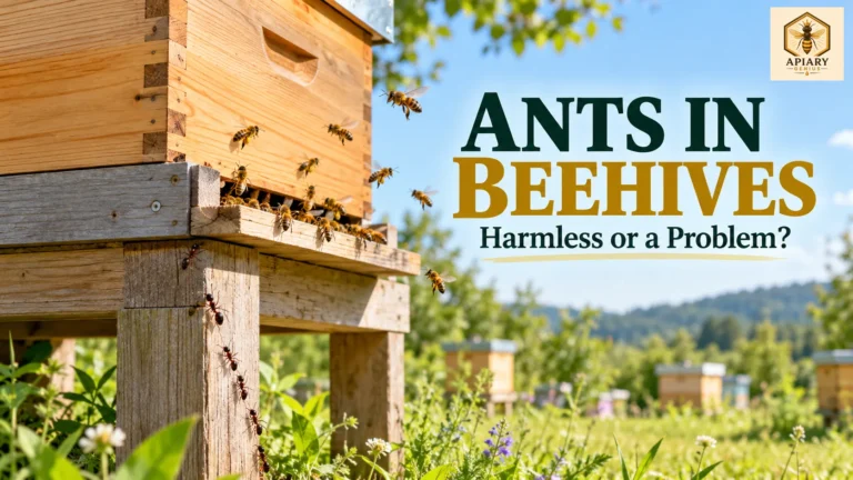 Ants climbing a wooden beehive stand below an active honey bee colony, illustrating ant activity around beehives.
