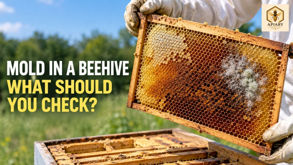 Mold in beehive comb shown as a localized patch on a frame held above an open hive.