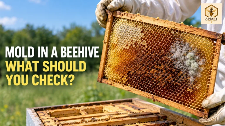 Mold in beehive comb shown as a localized patch on a frame held above an open hive.