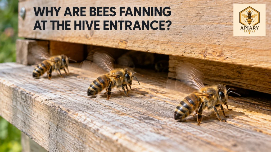 Worker honey bees fanning their wings while standing on the wooden landing board at a hive entrance.