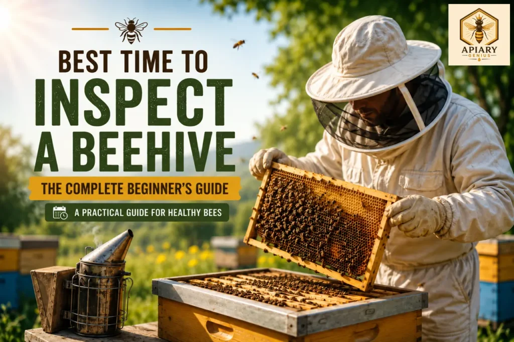 Beekeeper inspecting a honeycomb frame above an open hive on a sunny day.
