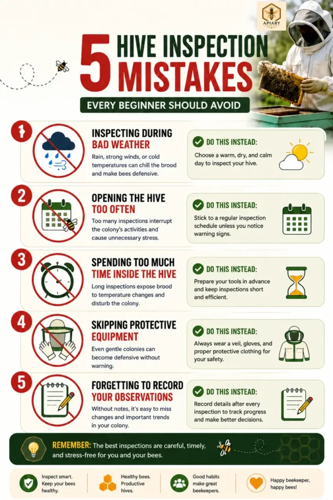 Infographic showing five hive inspection mistakes: poor weather, excessive inspections, prolonged opening, missing protective gear, and not keeping records.