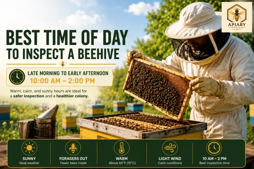 Beekeeper inspecting a hive frame, with guidance on daylight, warmth, and calm weather.