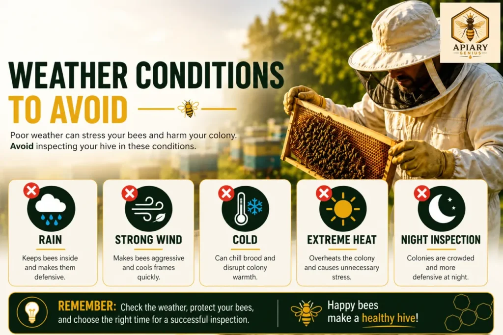 Infographic showing rain, strong wind, cold, extreme heat, and darkness as unsuitable conditions for routine hive inspections.