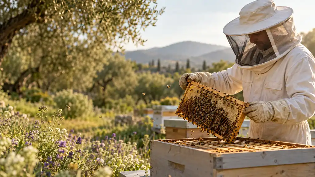 Beekeeper inspecting a honeycomb frame above an open hive in a flowering apiary.