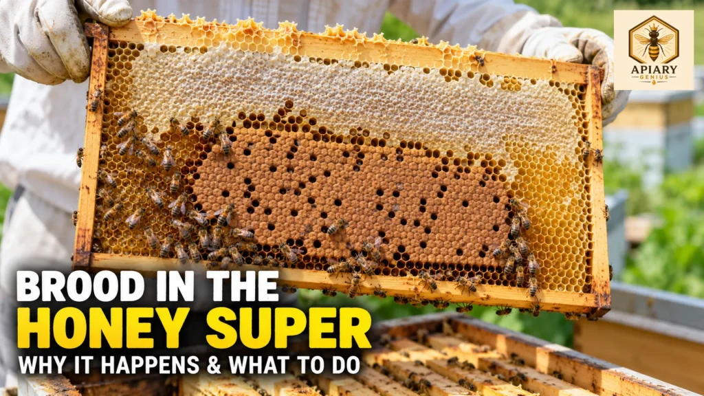 Beekeeper holding a honey super frame with capped brood and honey stores