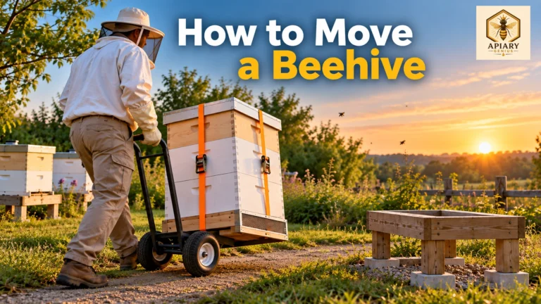 Beekeeper moving a secured beehive on a dolly to a new location