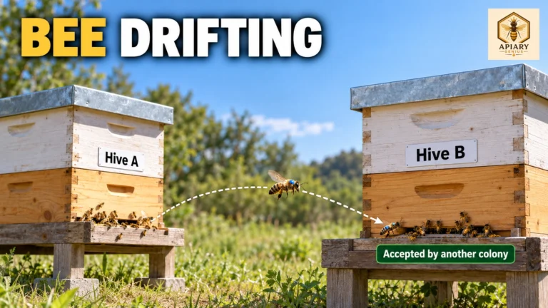 Bee drifting illustration showing a marked worker moving from Hive A toward neighboring Hive B.